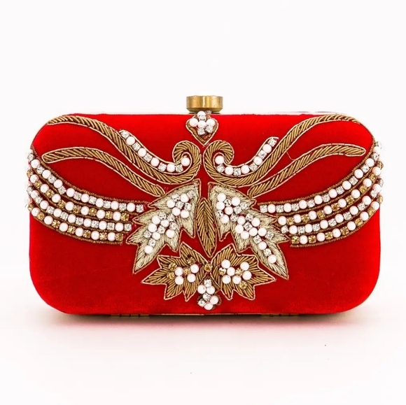 Handbags - Elegant Red Clutch with Gold Embellishments